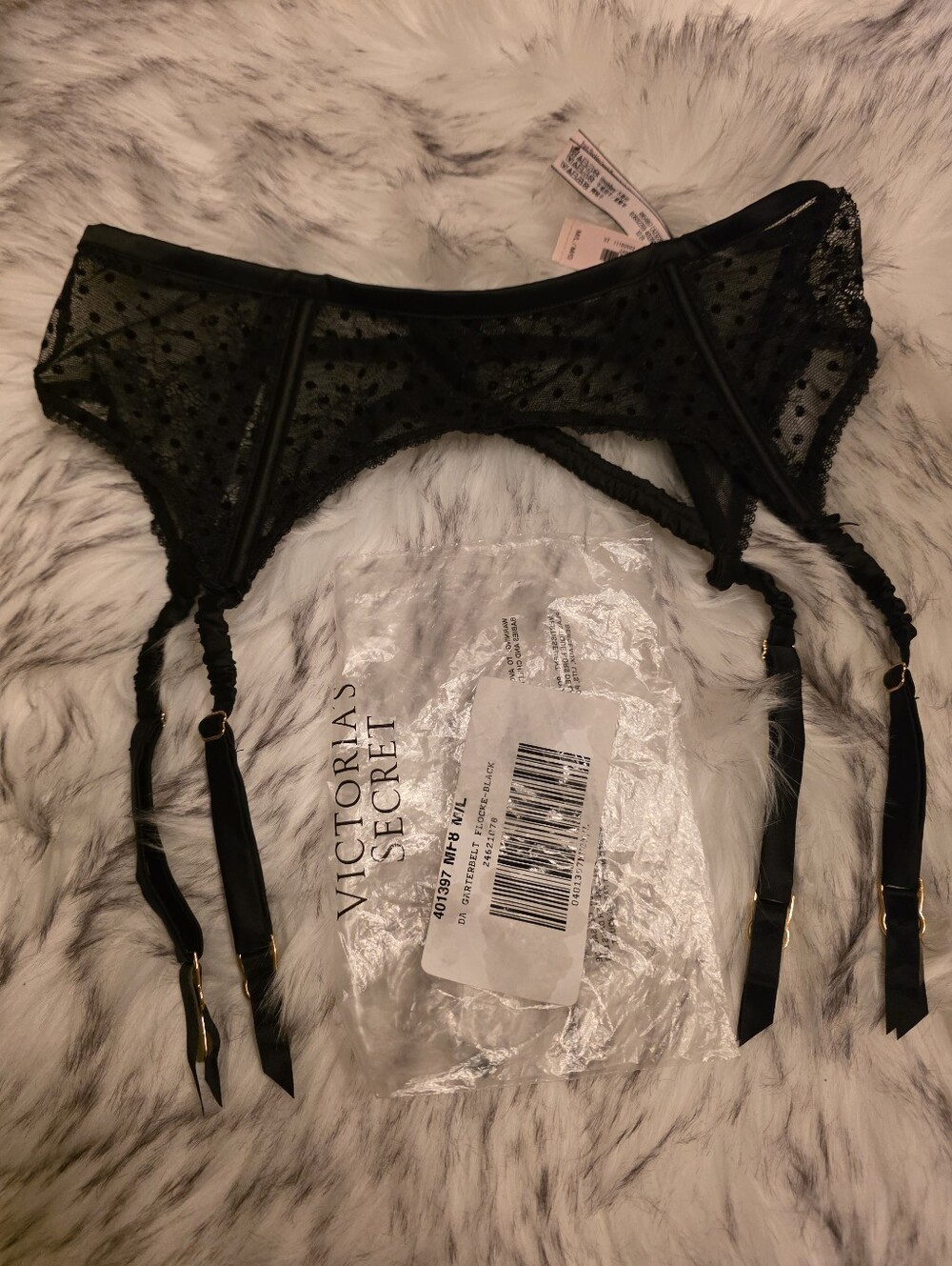 Victoria’s Secret Dream Angels Black Sheer Lace Polka Dot Garter Belt M/L NWT